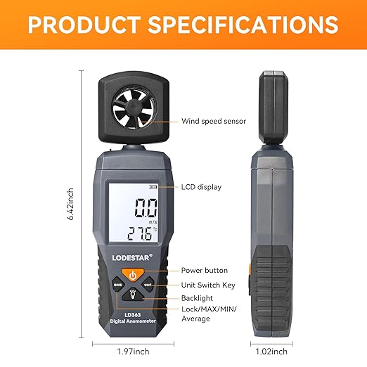 LODESTAR LD363 Digital Anemometer, Handheld Anemometer, Digital Wind Speed CFM Meter Gauge Air Flow Velocity Tester for HVAC Shooting Drone, Wind Chill, 32℉-122℉ Wind Temperature