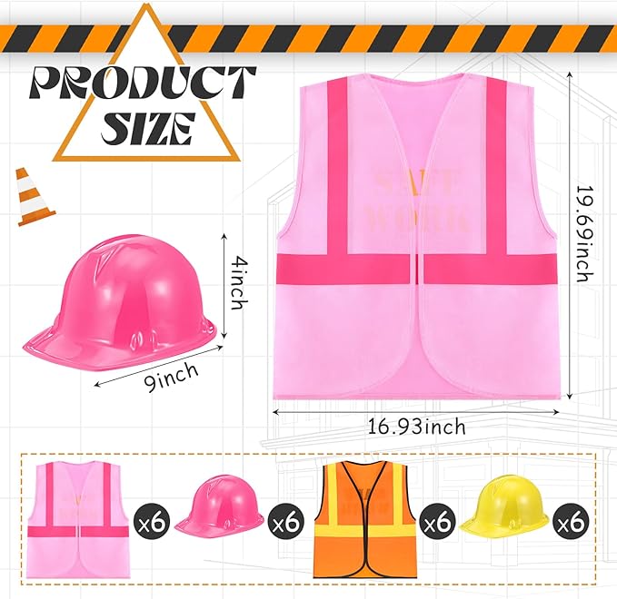 SATINIOR 24 Pcs Construction Birthday Party Supplies Kid Construction Hat and Vest Worker Costume Kids Role Play Dressing up