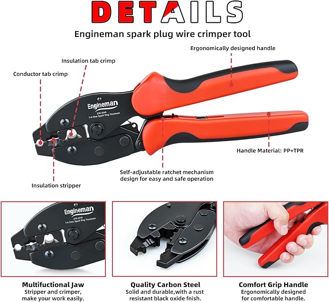 Spark Plug Wire Crimper, Crimping Pliers for Spark Plug Stripping Tool, EM-2048 for Crimping and Stripping Spark Plug Wire, Dia 7.0-8.5mm, Ratchet spark plug wire crimping tool