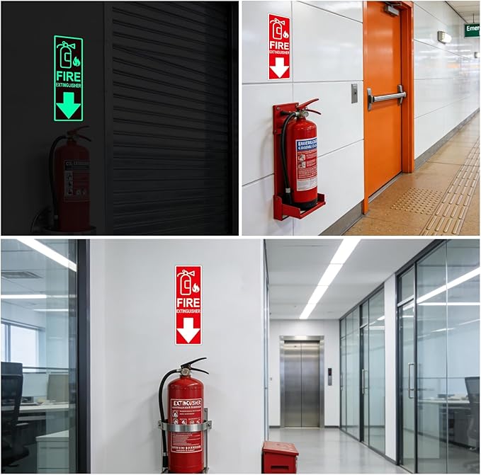 Fire Extinguisher Sign Sticker, Glow in the Dark Fire Extinguisher Signs with Arrow, 4×12 Inch 3 Pack Luminous Vinyl Safety Labels Soslina, Waterproof Indoor Outdoor for Home Office Warehouse