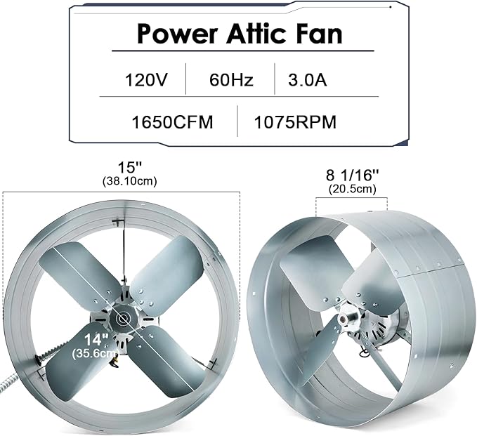 Hiorucet Upgraded 15 Inch Exhaust Fan for Gable Vent with Switch, 1650CFM 2500 SQF High-Speed Attic Fan with Adjustable Thermostat, 14 Inch Fan Blade and Permanently Lubricated Motor, 1075RPM.