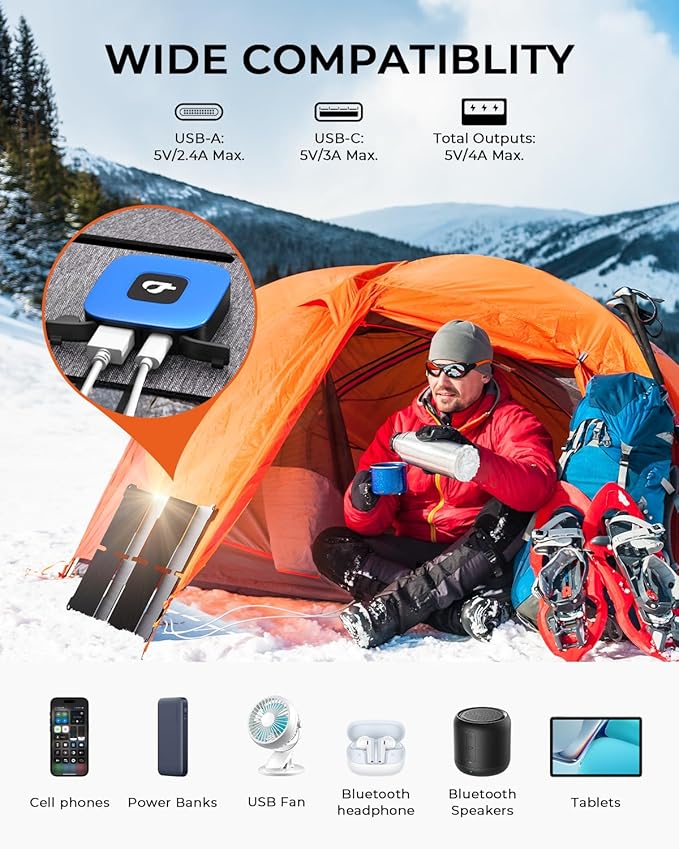[Upgraded] BigBlue Ultra-Light Portable 25W Solar Panel Charger with USB-A and USB-C Ports, 0.84 lbs Pocket-Size IP68 Waterproof, Folded Solar Panel Compatible with Cellphone,Power Bank,Camping Light