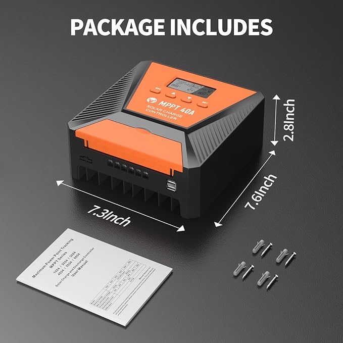 40A MPPT Solar Charge Controller 12V/ 24V Solar Panel Charge Controller Intelligent Regulator for FLD/LiFePO4/SLD/GEL/AGM with Dual USB Port Auto Parameter LCD Display and Timer Setting ON/Off Hours