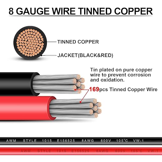 Battery Cable - iGreely 8 AWG 8 Gauge Wire Tinned Copper Wire Battery Power Inverter Cables with 3/8'' Lugs Terminals for Solar Panel Automotive Motor Automotive Motorcycle RV Marine Boat 10ft/3m