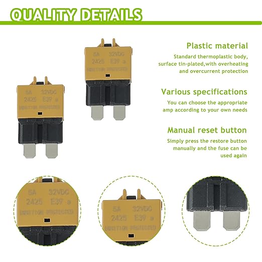 5A DC 12V-32V Manual Reset Circuit Breaker ATC/ATO Low Profile T3 Mini Blade Fuses Breakers for Car Trucks Marine Boat RV Solar and More,2 Pack