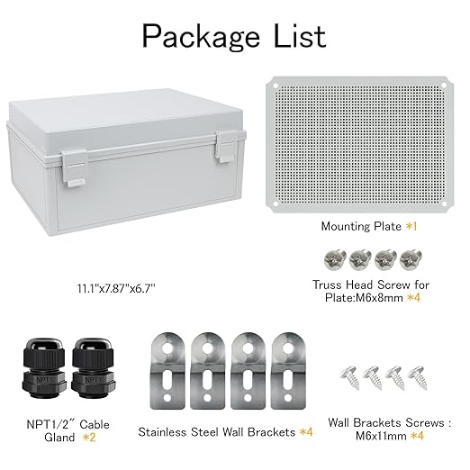 Junction Box IP65 Waterproof Electrical Box Outdoor ABS Plastic Project Box Hinged Shell Universal Enclosure Box with Mounting Plate, Wall Brackets, Cable Glands 15.7" x 11.8" x 7.1"