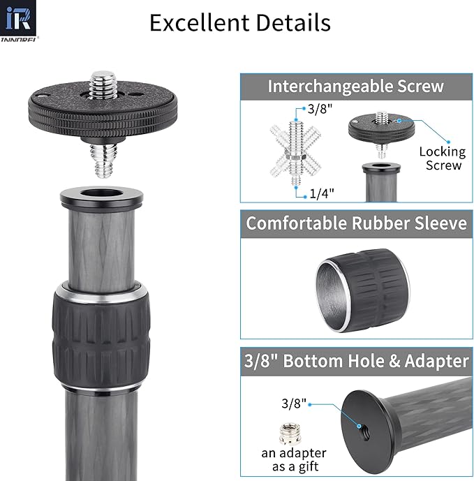 INNOREL ER282C Universal Carbon Fiber Tripod Center Column Extension Pole Extender - 29.0mm Tube, 10 Layers, 2-Section, 9.4-15.4 Inch, 44lbs Max Load, Compatible with DSLR Camera, Tripod, Monopod
