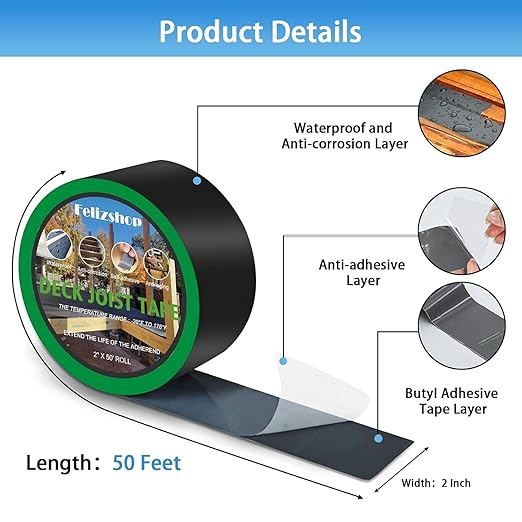 2" x 50' Deck Joist Tape,Butyl Joist Deck Tape,Waterproof and Weather Resistance Self-Adhesive Flashing Tape for Deck Joist Beams Protection