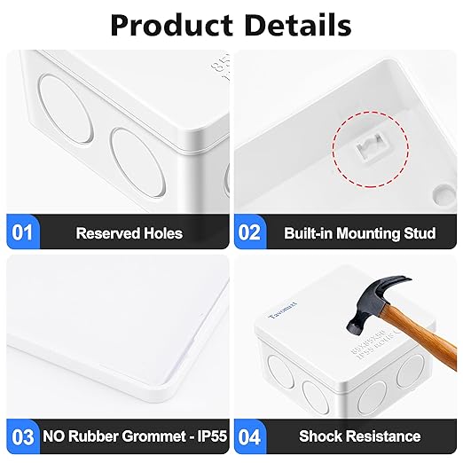 Waterproof Electrical Junction Box (3.1"x3.1"x2") with 4 Reserved Holes for Electronics - Sturdy ABS Plastic IP55 Dustproof Project Enclosure - White, (80x80x50mm)