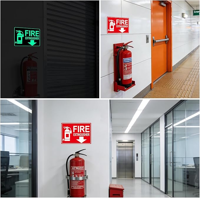 Fire Extinguisher Sign Sticker, Glow in the Dark Fire Extinguisher Signs with Arrow, 10×7 Inch 2 Pack Luminous Vinyl Safety Labels Soslina, Waterproof Indoor Outdoor for Home Office Warehouse