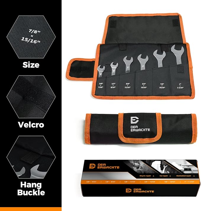 Super-Thin Open End Wrench Set, SAE, 6-Piece, Including 3/8", 7/16", 1/2", 9/16", 5/8"，11/16", 3/4", 13/16", 7/8", 15/16", 1", 1-1/16", Slim Wrench Set with Rolling Pouch