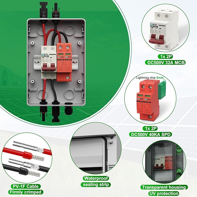 Solar Disconnect Switch 32 Amp DC 500V Circuit Breaker with Lightning Surge Protector Arrester and IP65 Breaker Box Plug-and-Play for Outdoor Solar Panel System