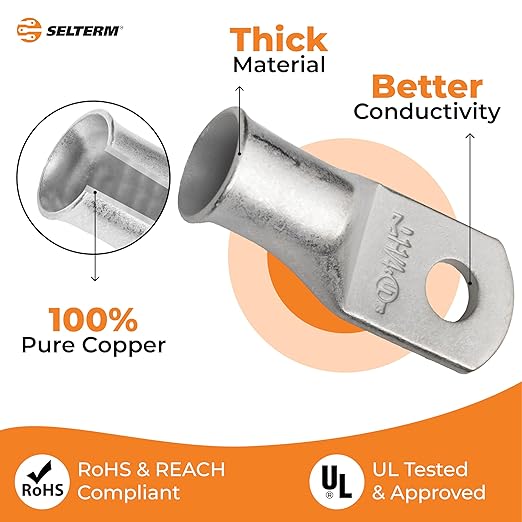 SELTERM 10pcs 1 AWG-1/4 Stud Tinned Copper Wire Lugs, Heavy Duty Marine Grade Copper Eyelets, Electrical Terminal Connectors