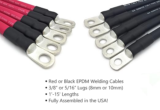 4 AWG Gauge Fully Assembled Battery Cables, 1-15ft Lengths, Positive or Negative Wire, Pure Copper Battery Replacement Cables, Solar Car Truck RV Camper (1.5ft, Red/Black Set, 3/8” Lugs)