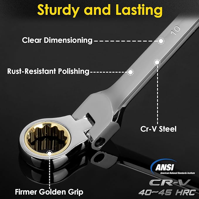 16 * 18 mm Extra Long Flex-Head Ratcheting Wrench, Metric, 72-Tooth Double Box End Long Handle Ratchet Wrench, CR-V Steel with Mirror Finish Labor-Saving Spanner