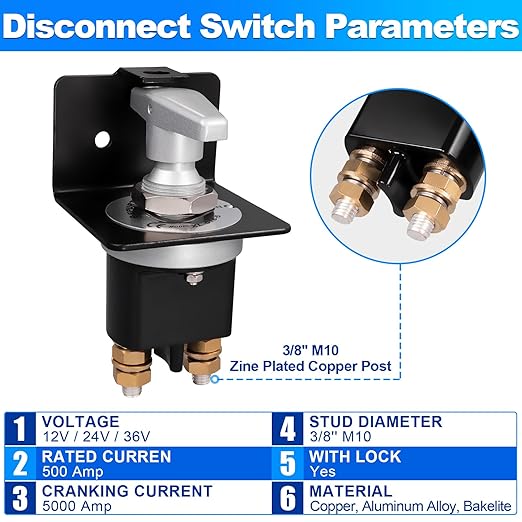 Spurtar Battery Disconnect Switch 12V 24V 36V with Lock-Out Plate 500A High Current Battery Kill Switch Power Cut Off Shut Off Isolator for Car Truck Winch RV Boat Backhoe Tractor Motorhome Hot Rods