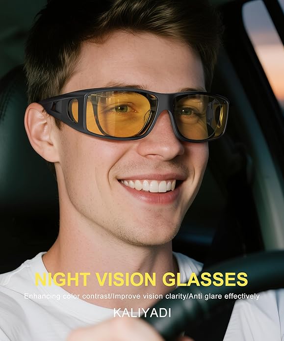 KALIYADI Night-Vision-Glasses Fit-Over-Glasses Wrap-Around Glasses: Anti Glare Night Driving Glasses for men women HD Lens