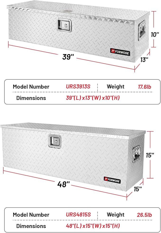 FORWODE 39&48 Inch Aluminum Truck Tool Box Lockable Truck Bed Tool Box Waterproof Truck Bed Storage Box with Gas Struts Side Handle Truck Tool Chest for Pickup, Truck Bed, RV, Trailer&Garage (Silver)