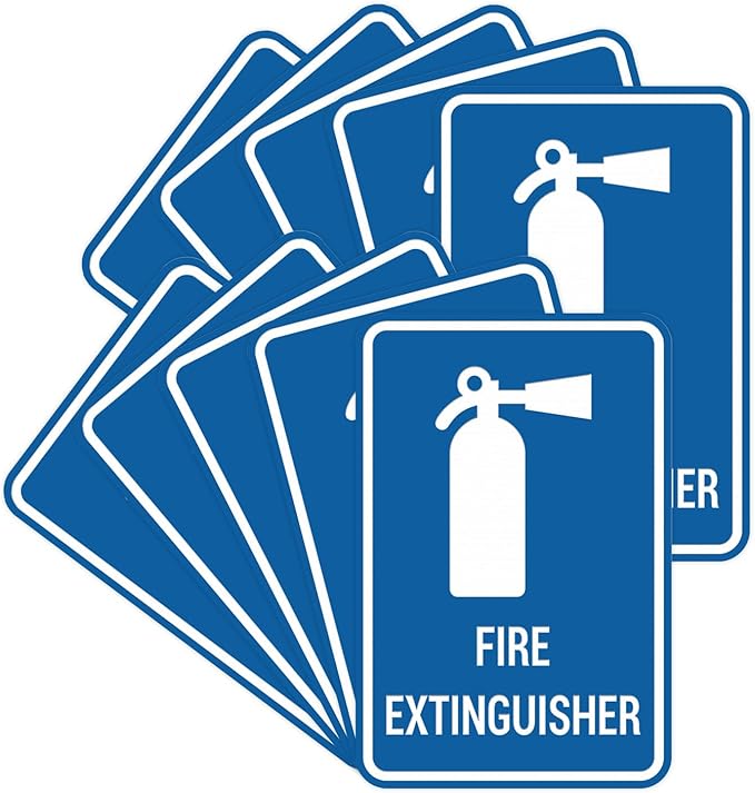 Signs ByLITA Portrait Round Fire Extinguisher Sign with Adhesive Tape, Mounts On Any Flat Surface (Blue) - Small (10 Pack)