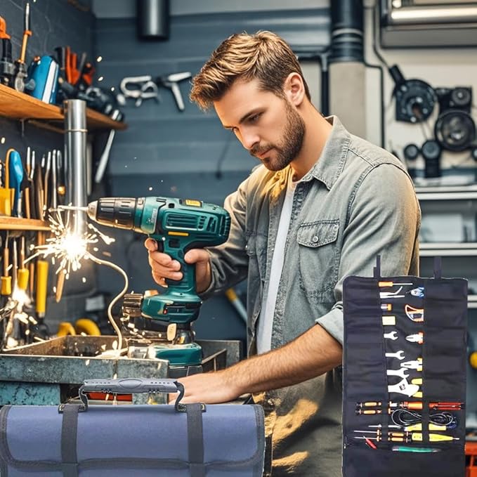 23 Pocket Tool Bag Roll Up, Tool Organizer for Men gift, Portable Tool Storage with Zipper Pouch, Compact Small Toolbag for Handyman RV Owners, Birthday Gifts