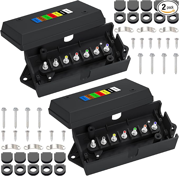 CheeMuii 2 Pcs 7 Way Trailer Junction Box Weatherproof 7 Pin Trailer Wiring Box 7 Color-Coded Electric Wires Connection Box for RV Camper Trailer Light Rewiring