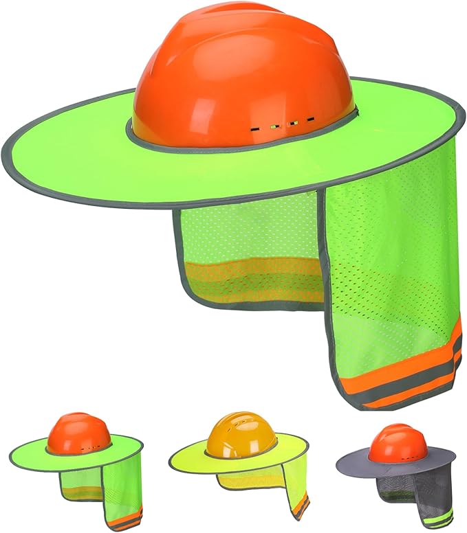 UNCO Industrial Hard Hat Sun Shield, Green, Full & Standard Brim Mesh Sunshade, High Visibility Reflective, Hard Hat Accessory