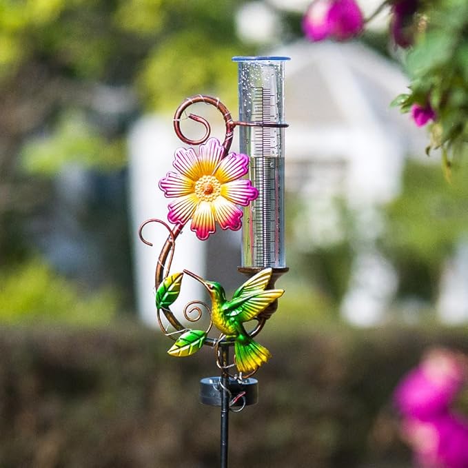 Hummingbird Rain Gauge Outdoor, Solar Rain Gauge, Metal Rain Measure Gauge with 7 Inch Tube, Decorative Color Lights Rainfall Measurement for Yard