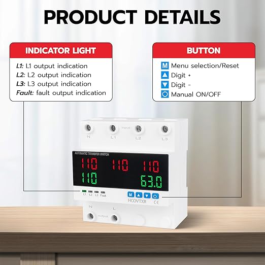 Automatic Transfer Switch 63A 110V Inverter Generator Transfer Switch with 5 Digits LED Display,Three Source Power Selector for Home Generator Grid Inverter Outdoor RV