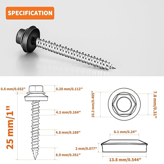 60 PCS #10 x 1 Hex Head Metal Roofing Screws with Bit, Black Painted Head Sheet Roof Screw with EPDM Washer, High-Low Thread, Self-Tapping Metal to Wood Screws for Roofing & Siding - TPOHH