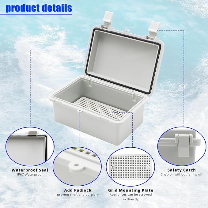 MAKERELE Outside Small Outdoor Junction Box Waterproof Electrical with Lock and Wall Bracket 5.9" 3.9" 2.8" (15010070mm) Hinged Cover Grey Plastic Clip Project ABS Plastic Case with 2 NPT 1/4” Glands