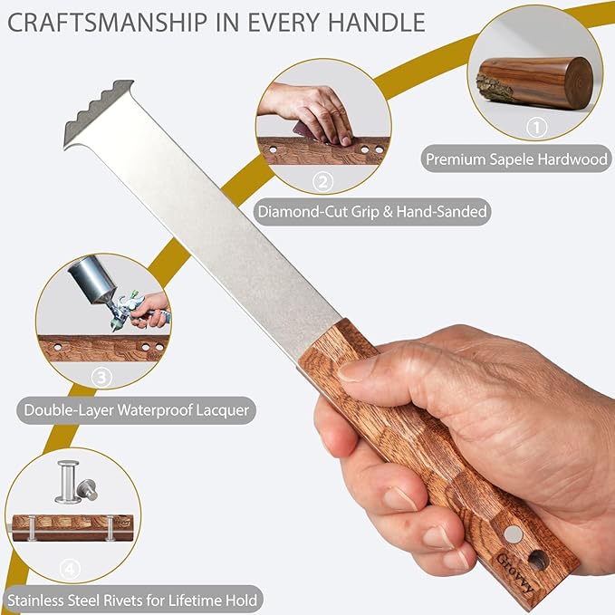 Upgraded Paver Removal Tool, Sapele Hardwood Handle & Dual-Height Joint Scraper, Heavy-Duty Steel Paver Lifter & Puller, Brick Block Driveway Garden Yard Patio Paver Extractor Tool