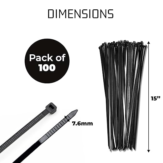 15" Black Zip Cable Ties (100 Pack), 120lbs Tensile Strength - Heavy Duty, Self-Locking Premium Nylon Cable Wire Ties for Indoor and Outdoor by Bolt Dropper (Black)