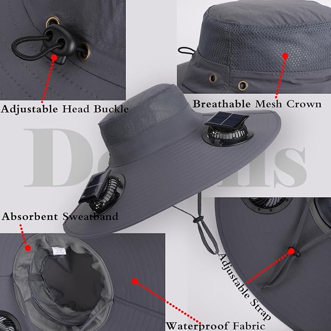 Solar Powered Fan Hat with 2 Fans,Unisex Bucket Hat,Wide Brim Sun Hat for Outdoor Fishing,Hiking,Gardening& Sunbathing