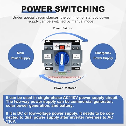 110V Dual Power Automatic Transfer Switch, 2P 63A CE Certified ATS Generator Changeover Switch 50Hz/60Hz