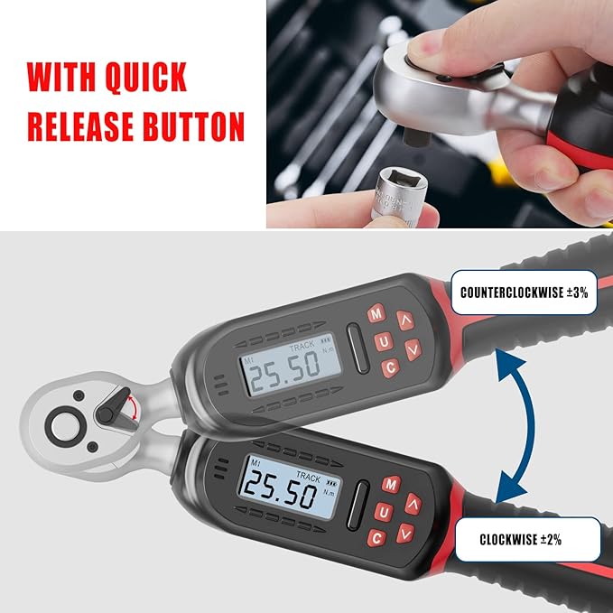 VANPO 1/4 Inch Digital Torque Wrench, 1.1-22.1 Ft-lbs/1.5-30Nm, with Preset Values, 2% Accuracy, Buzzer and LED Notification, Small Electronic Torque Wrench for Bicycles