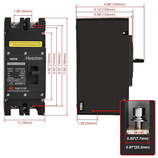 Heschen DC Molded Case Circuit Breaker MCCB, 2 Poles, DC1000V Photovoltaic Circuit Breaker, for Solar PV System Solar Panels Grid System (160A HSM3DC-250)