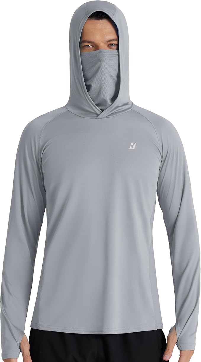 Roadbox Men's UPF 50+ Hooded Fishing Shirts Long Sleeve Sun Protection Hoodie, Hiking Running Swimming Rash Guard with Mask