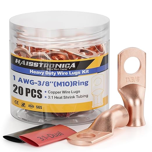 haisstronica 10pcs 1 AWG - 3/8" (M10) Battery Cable Lugs, Heavy Duty Copper Wire Lugs with 10pcs 3:1 Adhesive Heat Shrink Tubing, 1 Gauge Wire Connectors Battery Terminal Connector, Battery Cable Ends