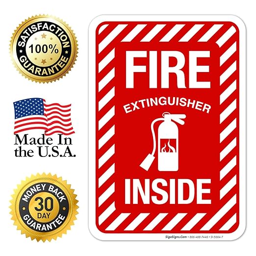 Fire Extinguisher Inside Sign, Fire Safety Sign, 10x7 Inches, 4 Mil Vinyl Decal Stickers Weather Resistant UV Protected, Made in USA