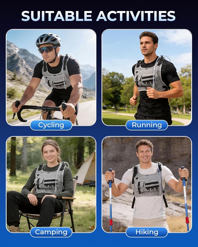 Running Vest with 2L Water Bladder, Hydration Backpack with Adjustable Straps, Lightweight & Breathable Design, Reflective Chest Pack for Men & Women, Ideal for Running and Cycling
