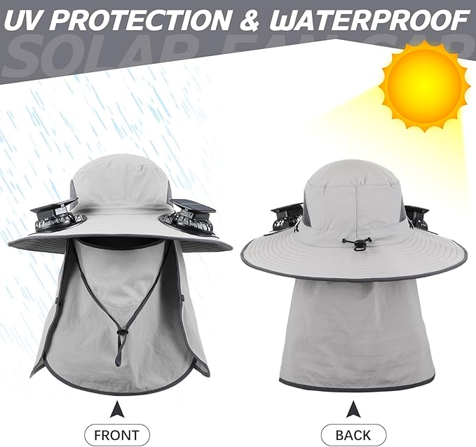 2 Pcs Solar Fan Hats Wide Brim Fishing Hats with 2 Solar Fan and Removable Face Cover Cooling Buckets for Men Women