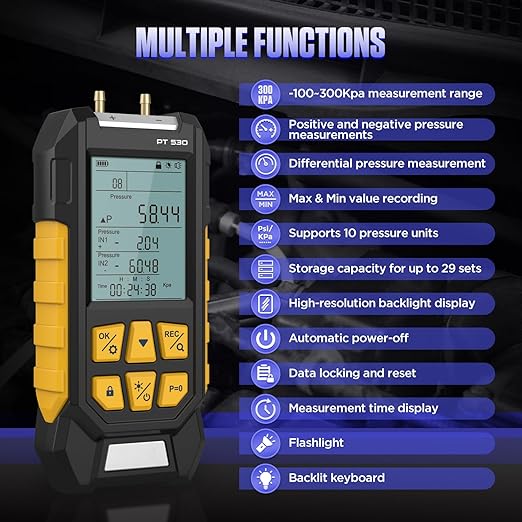 Manometer, Dual-Port HVAC Manometer with 7 Adapters, 10 Units Switch, Data Locking & Storage, Magnetic Back, Gas Pressure Tester, -100~300Kpa, PT530