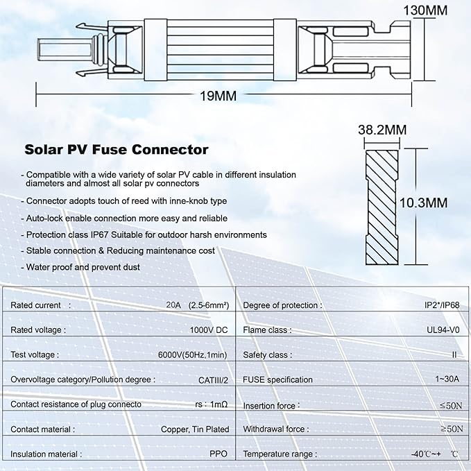 20A Solar Fuse Holder Inline with Male and Female Connector for Solar Panel and Solar Controller, Waterproof Solar Fuse Connector, Solar Surge Protection Device 5pcs
