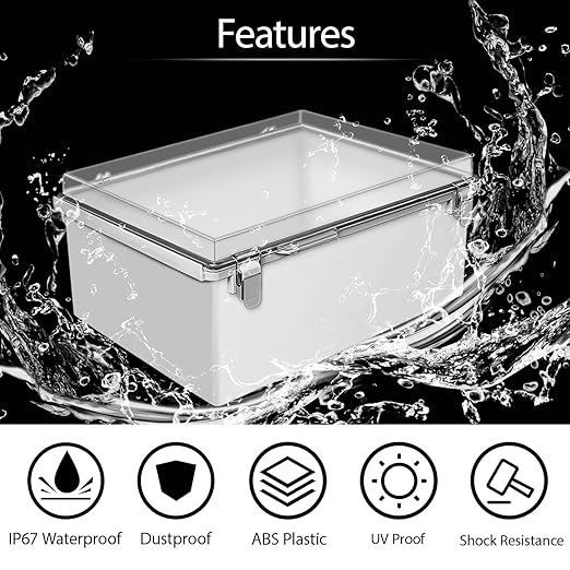 LeMotech Electrical Box, IP67 Waterproof Hinged Clear Cover Stainless Steel Latch Junction Box, ABS Plastic Electrical Enclosure with Mounting Plate,Wall Brackets, Cable Glands,15.7"x11.8"x7.0",Grey