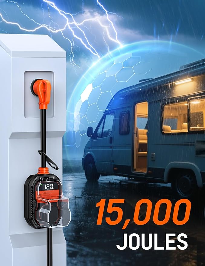 15,000J RV Surge Protector 30 Amp with LED Display, 30 Amp RV Surge Protector with Voltage Monitoring, Clear Error Codes, Comprehensive Detection, IP68 Waterproof Cover