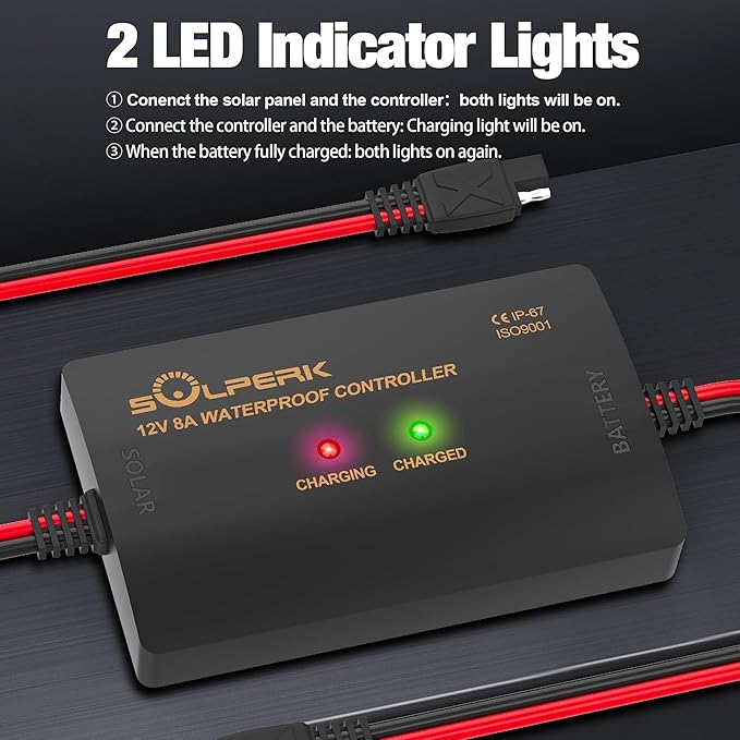 SOLPERK 8A 12V Solar Charge Controller with LED Display, IP67 Waterproof PWM Intelligent Solar Panel Battery Regulator for Gel AGM Lead-Acid Lithium LiFePO4 Battery, Used in RV Boat Car