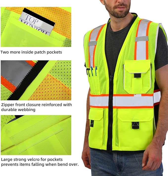Dib Safety Reflective Vest Yellow Mesh, High Visibility Vest with Pockets and Zipper, ANSI Class 2 Heavy Duty, Made with 3M Reflective Tape, XL