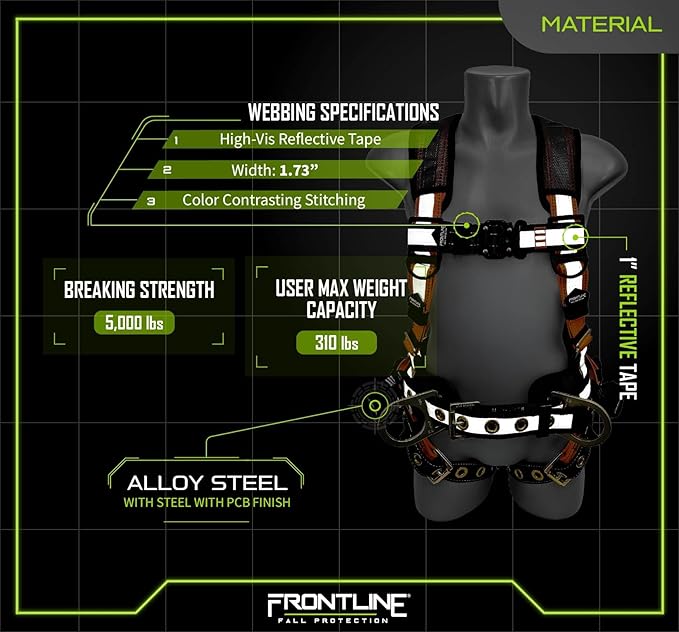 Frontline Fall Protection 100RCTB Combat™ Reflective Construction Full Body Harness with Tongue Buckle Legs and Trauma Straps,5 Points of Adjustability,Positioning Belt,OSHA & ANSI Compliant (Size: S)