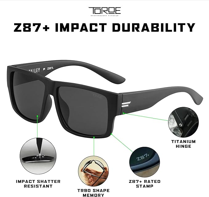 TOROE Z87+ Polarized Safety Sunglasses Matte Black TR90 Frame, ANSI Rated Lens
