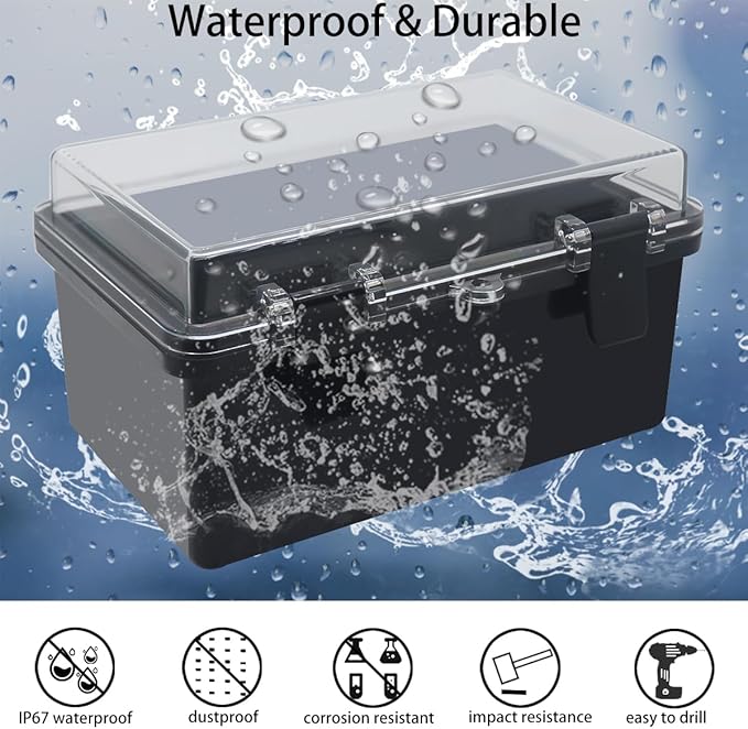 Junction Box, Hinged Black Clear Cover IP67 Waterproof ABS Project Box with Mounting Plate Electrical Box Enclosure with Wall Bracket 8.3 x 5.1 x 4.3inch(210x130x110mm)